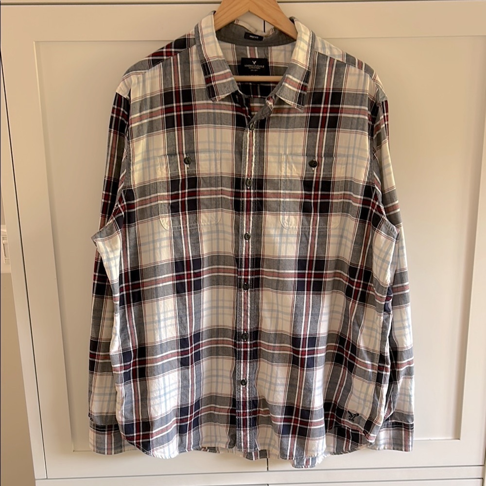 American Eagle Outfitters Blue, White and Red Plaid Casual Button Down Shirt XXL